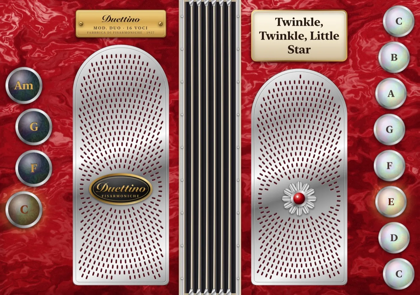 Bellowsby open, with its red pearl finish, two grilles, the bellows down the fold and Twinkle, Twinkle, Little Star on the song plate