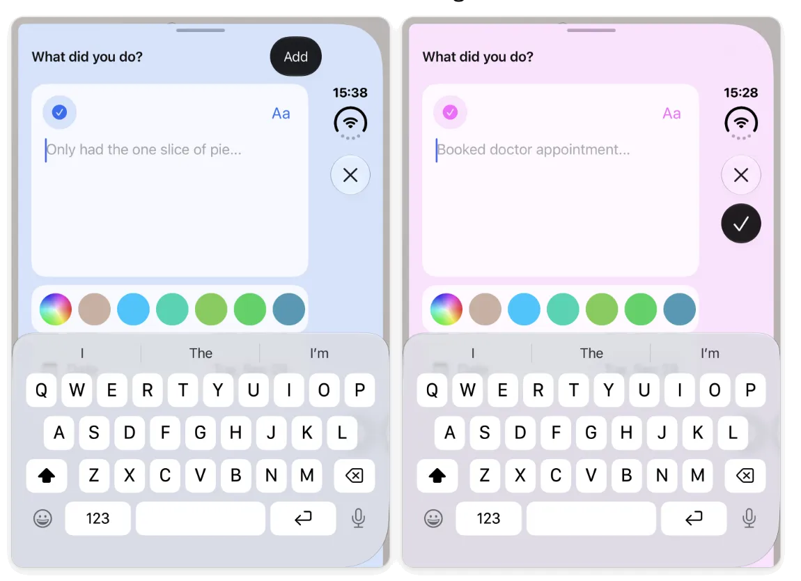 Before on the left, with a text Add button. After on the right, with the checkmark and a colour-matched icon.