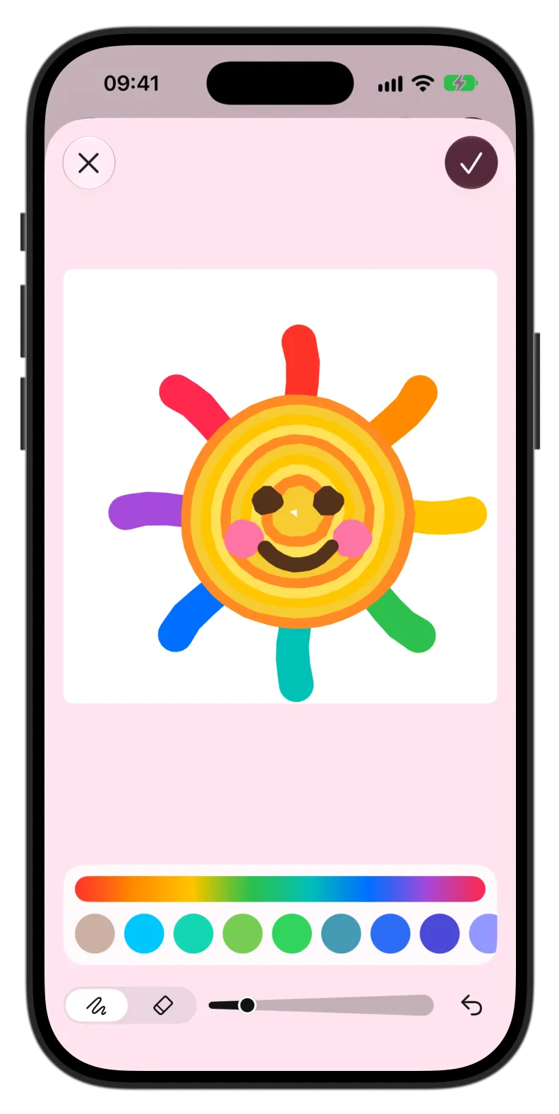 The Did It sketch sheet on iPhone, with a smiling sun drawn on the canvas