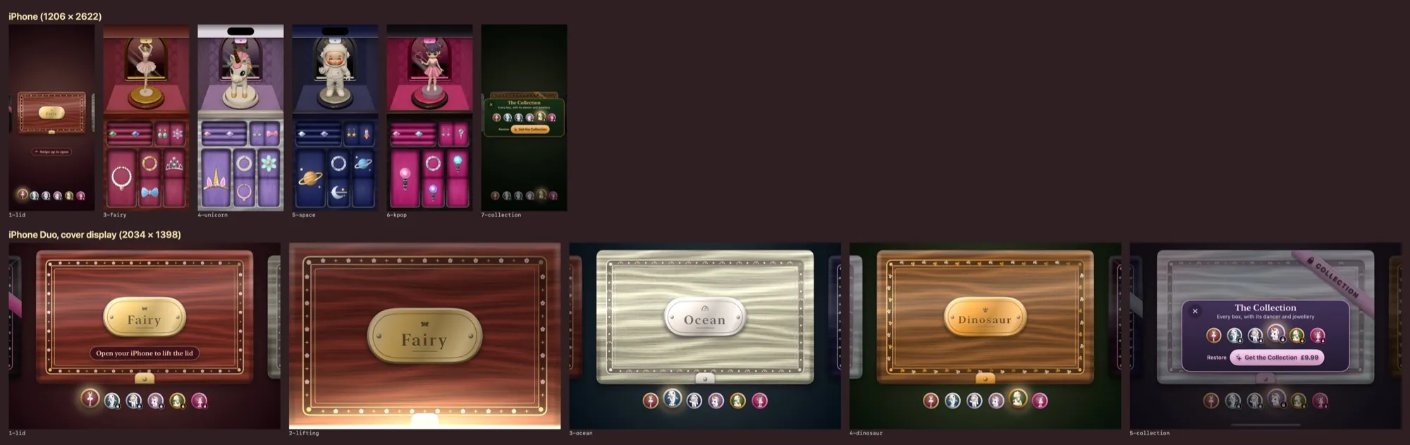 Twirlaby's App Store screenshots, iPhone along the top and the Duo cover screen below